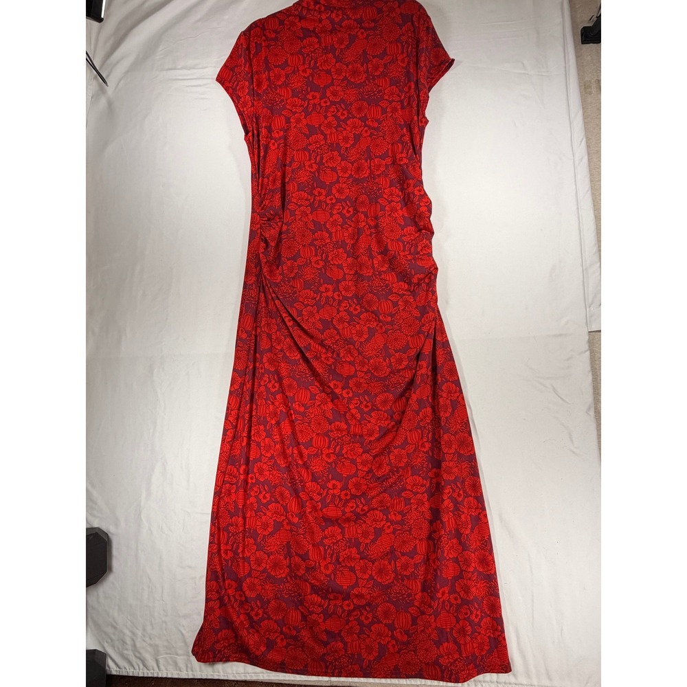 Lunar New Year Maxi Dress Women XL Red New Floral Mock Neck Ruched Slit